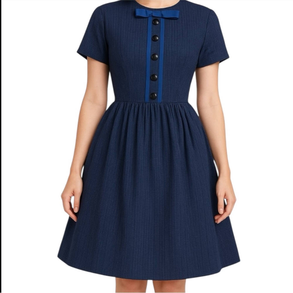 1950s Navy Blue Cotton Pique Day Dress – Fit & Flare, Button-Front & Bow Detail